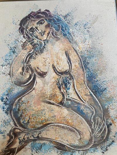 Oil on canvas by Calvin Burnett - Femme nue - Circa 1980