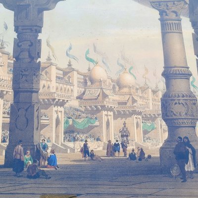 Suite de 3 Gravures aquarellées, les décorations de théâtre, XIXème siècle