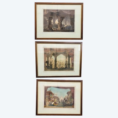 Suite de 3 Gravures aquarellées, les décorations de théâtre, XIXème siècle