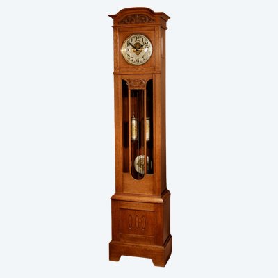 Impressive, magnificent Art Deco Dutch parquet clock in gilded oak.