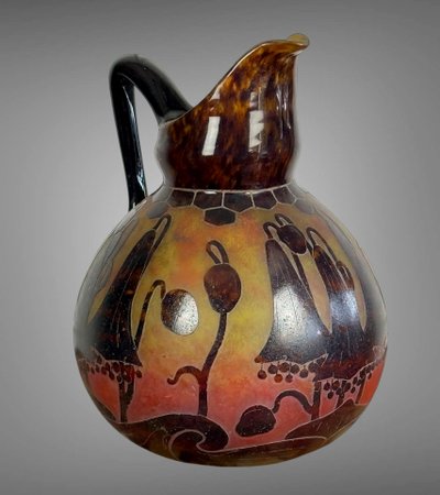 FRENCH GLASS SIGNED PITCHER IN ACID-ETCHED GLASS DECORATED WITH BELLFLOWERS