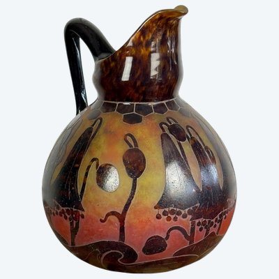 FRENCH GLASS SIGNED PITCHER IN ACID-ETCHED GLASS DECORATED WITH BELLFLOWERS