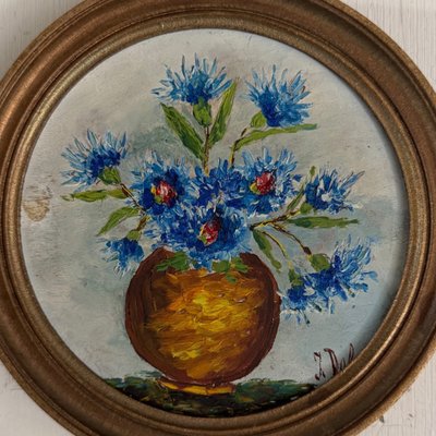 Natura morta con bouquet di fiori, olio su tavola, di J. Delage, XX secolo