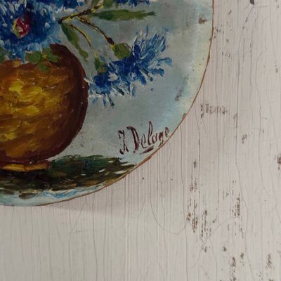 Natura morta con bouquet di fiori, olio su tavola, di J. Delage, XX secolo