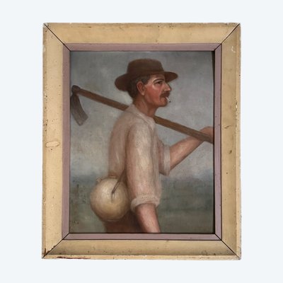 Oil on panel farmer working in the field XXth century by M. Potiron