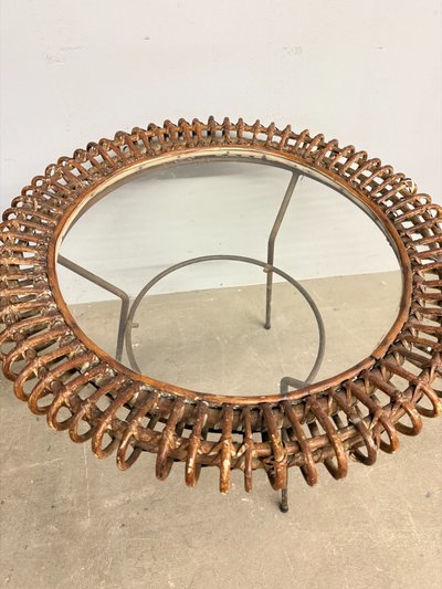 Rare table basse Bonacina en bambou et fer des années 50, 58x47cm.