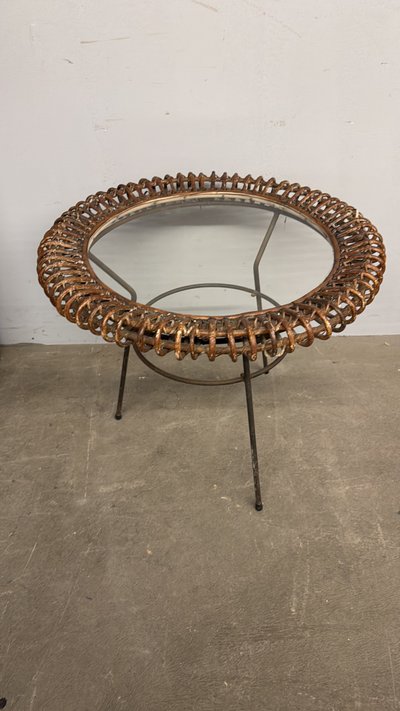 Rare table basse Bonacina en bambou et fer des années 50, 58x47cm.