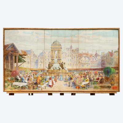 Sarreguemines, Fontaine des Innocents & its market, ceramic panel