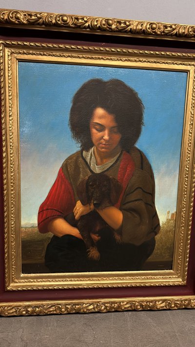 Öl auf Leinwand, Mädchen und kleiner Hund 1987 Giancarlo Pignataro, 98x82cm