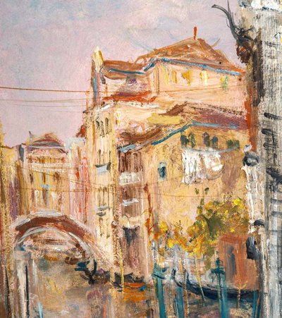 Serge Belloni (1925-2005) - Venice Small Canal with Flower Garden Oil on Panel circa 1970