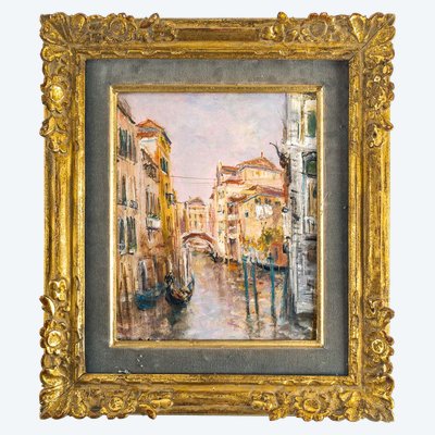 Serge Belloni (1925-2005) - Venice Small Canal with Flower Garden Oil on Panel circa 1970
