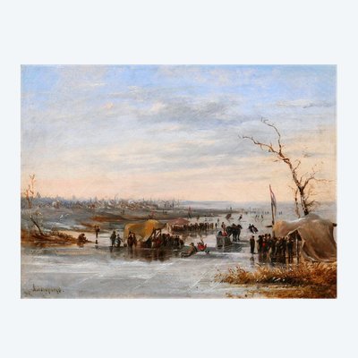 Louis SCHEPENS 1816-1884 Netherlands, skating scene in winter, painting, circa 1850-60