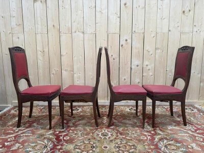 Continuation of 4 chairs Art Nouveau in sculpted walnut