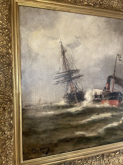 Öl auf Leinwand, signiert Malfroy, zeigt Boote an den Kais