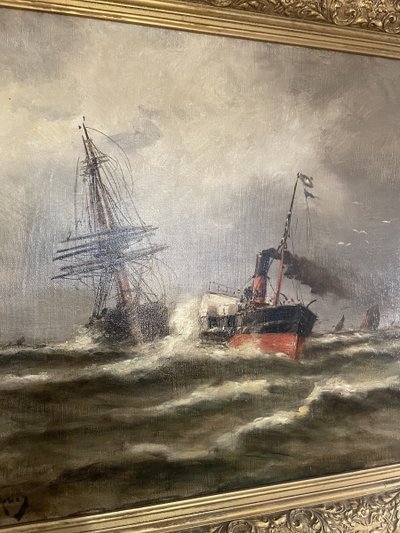 Öl auf Leinwand, signiert Malfroy, zeigt Boote an den Kais