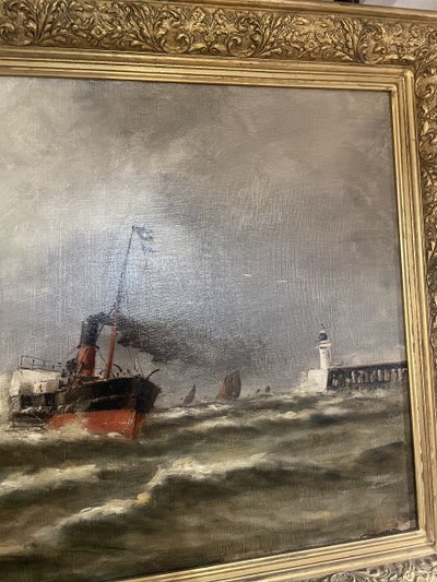 Öl auf Leinwand, signiert Malfroy, zeigt Boote an den Kais