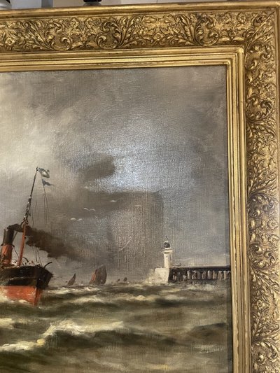 Öl auf Leinwand, signiert Malfroy, zeigt Boote an den Kais