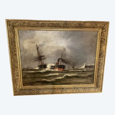 Öl auf Leinwand, signiert Malfroy, zeigt Boote an den Kais