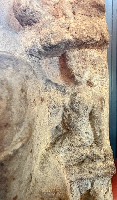 Fragment of carved sandstone stele – Uma-Maheshvara divine couple, medieval India, 12th century