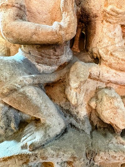 Fragment of carved sandstone stele – Uma-Maheshvara divine couple, medieval India, 12th century