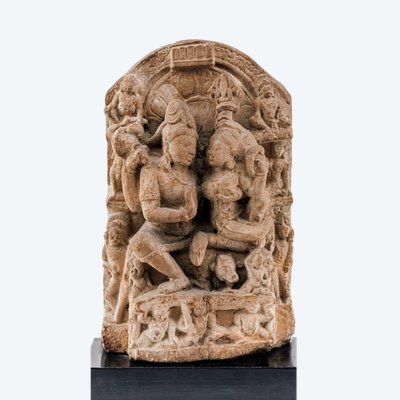 Fragment of carved sandstone stele – Uma-Maheshvara divine couple, medieval India, 12th century