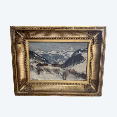 Paysage de vallée enneigée signé H. G. Troussart (1896-1953)