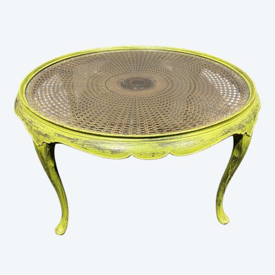 Table basse shabby chic en bois et rotin