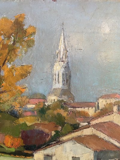 Oil on canvas representing the village of Bouillac in Gironde signed Y. Dubos