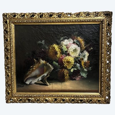 Flowers and shell, oil on canvas, framed