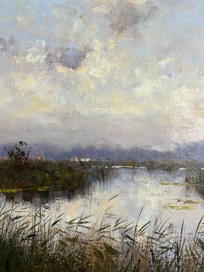 HST painting "Landscape with white ducks" signed + frame