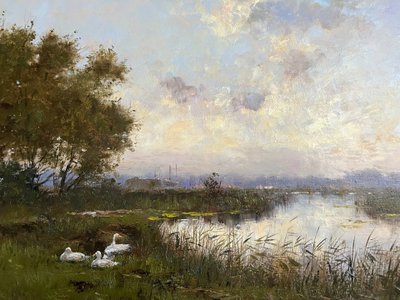HST painting "Landscape with white ducks" signed + frame