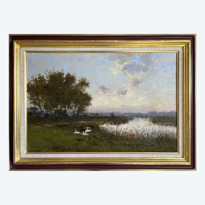 HST painting "Landscape with white ducks" signed + frame