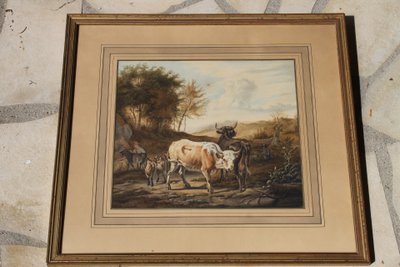 Scena pastorale ad acquerello con mucche, XIX secolo