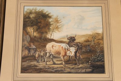 Scena pastorale ad acquerello con mucche, XIX secolo