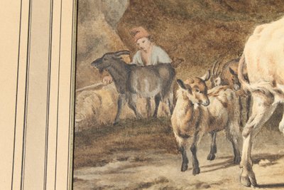 Scena pastorale ad acquerello con mucche, XIX secolo