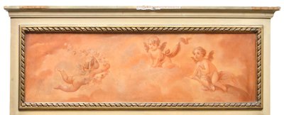 Painted wooden trumeau topped with an oil on panel with cherubs