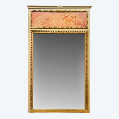 Painted wooden trumeau topped with an oil on panel with cherubs
