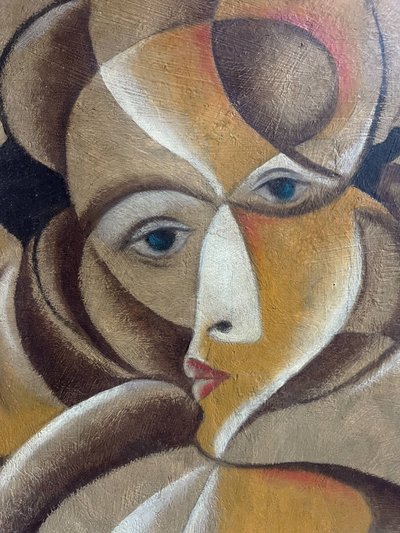 HSP painting "Cubist Face" Cubism early 20th century signed Cayo + frame