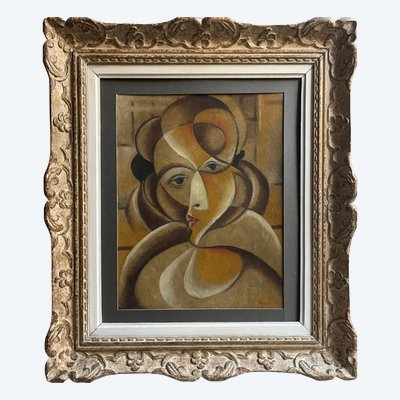 HSP painting "Cubist Face" Cubism early 20th century signed Cayo + frame