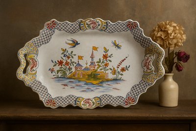 Large Sinceny Earthenware Tray – 18th Century – Chinoiserie & Bird Decor