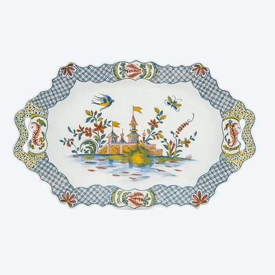 Large Sinceny Earthenware Tray – 18th Century – Chinoiserie & Bird Decor