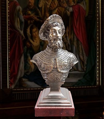Busto del XIX secolo in bronzo argentato e marmo rosso