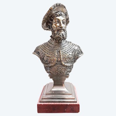 Busto del XIX secolo in bronzo argentato e marmo rosso