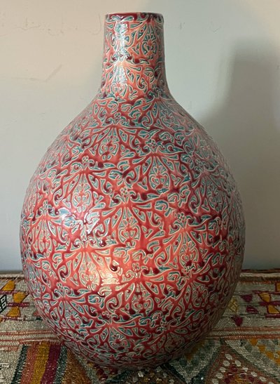 Grande vaso artistico in ceramica con intreccio in smalto firmato