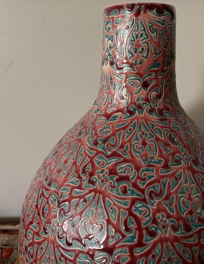 Grande vaso artistico in ceramica con intreccio in smalto firmato