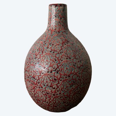 Grande vaso artistico in ceramica con intreccio in smalto firmato