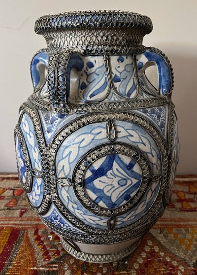 Vase Afrique du Nord Maroc Mauresque Filigrane Argent Fès céramique