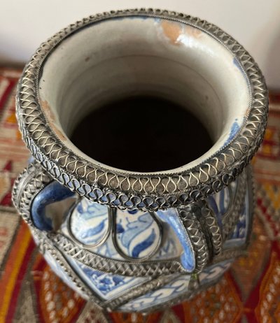Vase Afrique du Nord Maroc Mauresque Filigrane Argent Fès céramique