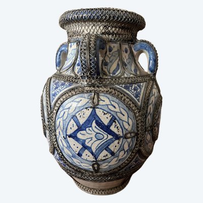 Vase Afrique du Nord Maroc Mauresque Filigrane Argent Fès céramique