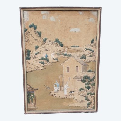 Tapete einer lebendigen chinesischen Landschaft, 19. Jahrhundert